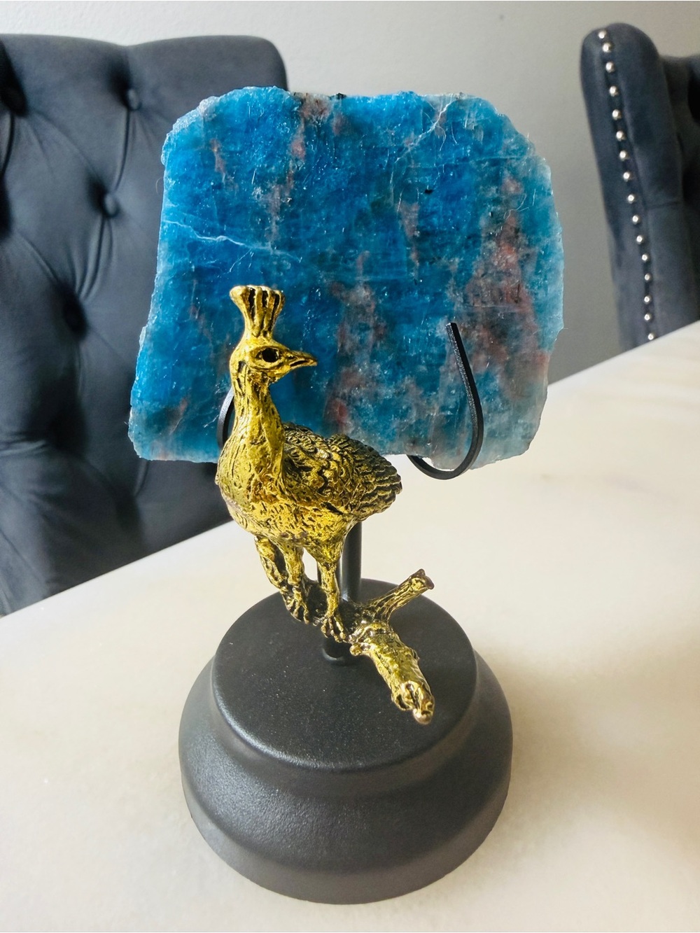 Deep Electric Natural Blue Apatite Raw Slab Peacock Display | Metal Stand Sculpt